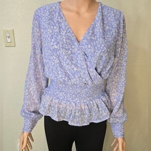 Japna Wrap Around Blouse Size Medium  V Neck Long Sleeve Blue